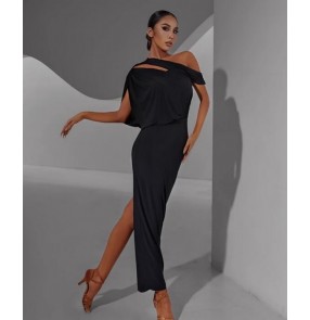 Royal blue black latin dance long Dress for women girls Back slit slanted shoulder cutout design Latin dance practice irregular skirts for female